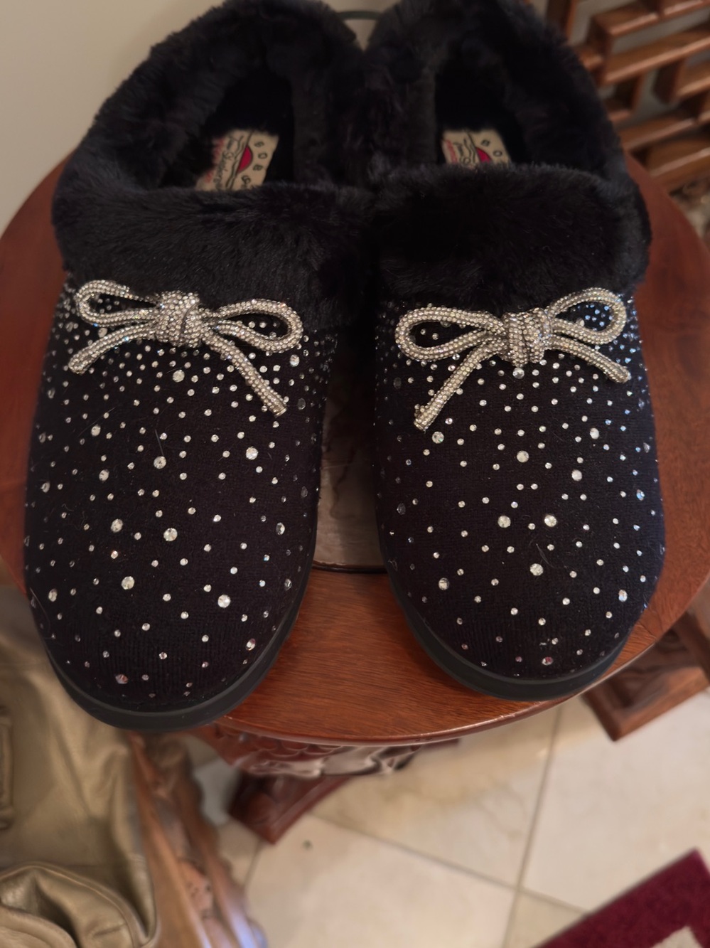 Skechers Black Faux-Fur Crystal Bow Slip-Ons